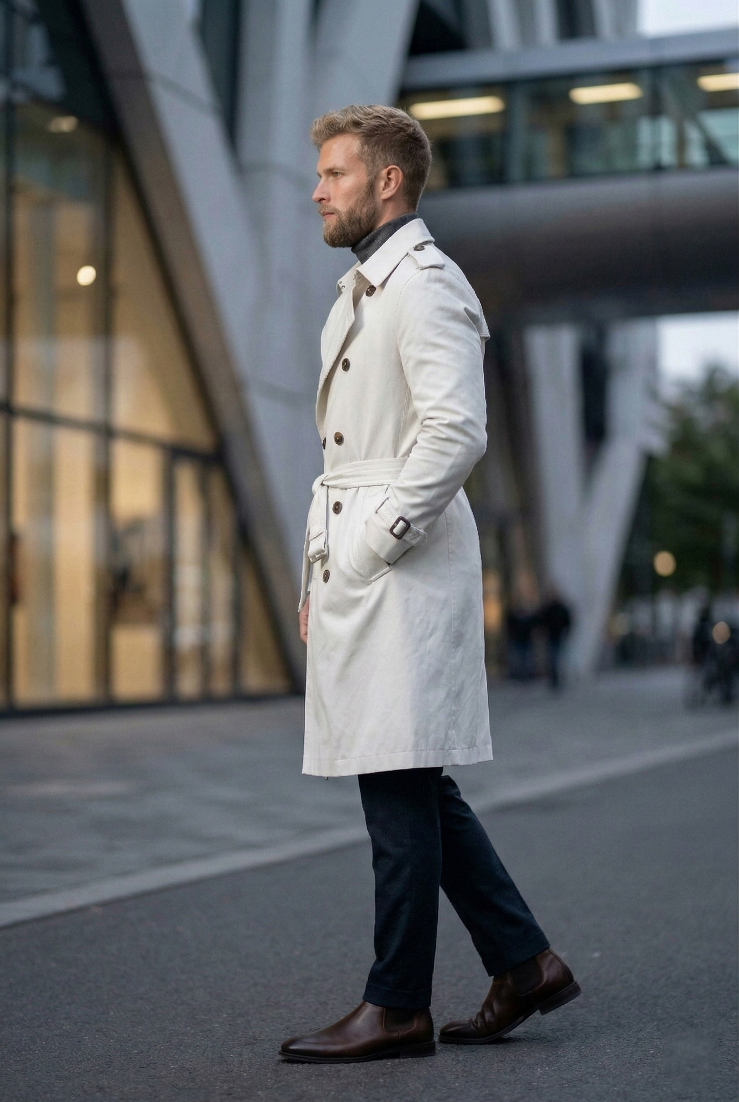 Men'sSlim-Fit Double-Breasted Long Trench Coat in Off-White
