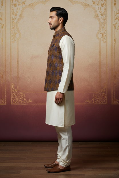 Men’s Brown & Purple Printed Nehru Jacket with Ivory  Kurta