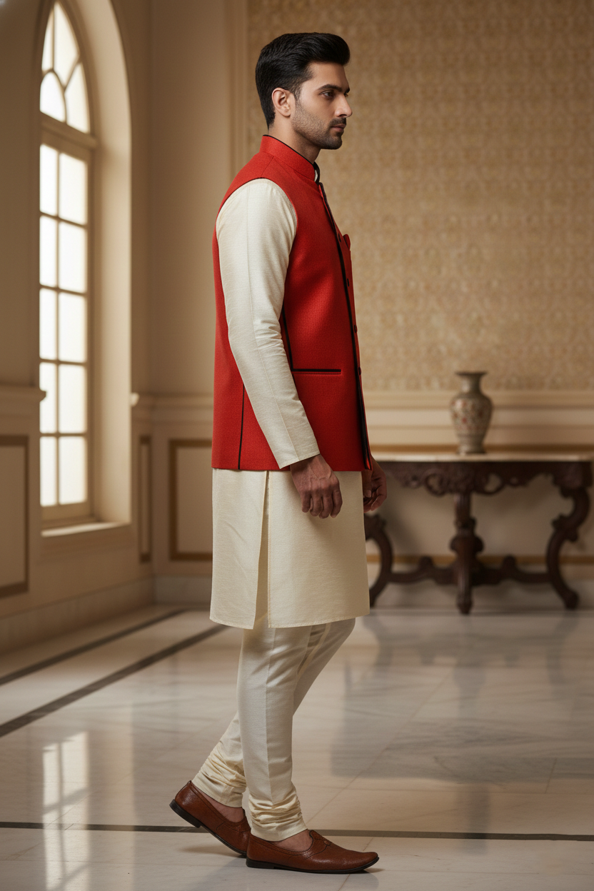 Bright Red Nehru Jacket with Cream Kurta Set