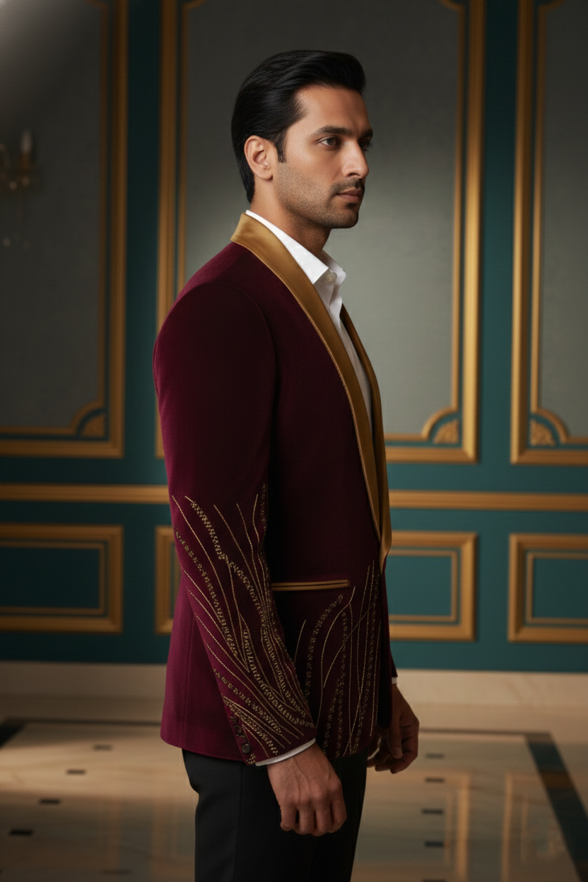 Majestic Maroon Velvet , Gold Embroidered Blazer