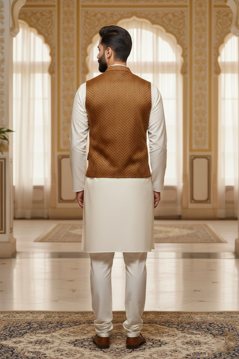 Men’s Mustard Brocade Nehru Jacket | Ethnic Wedding Festive Party Wear Sleeveless Waistcoat with Mandarin Collar for Kurta & Indo Western Outfit
