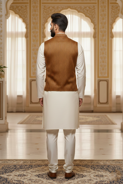 Men’s Mustard Brocade Nehru Jacket | Ethnic Wedding Festive Party Wear Sleeveless Waistcoat with Mandarin Collar for Kurta & Indo Western Outfit