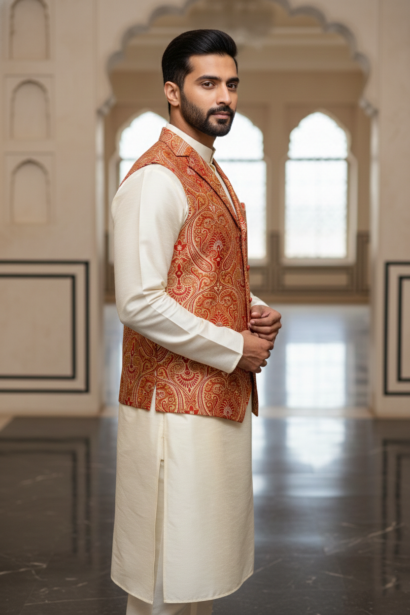 Royal Rust & Gold Paisley Silk Nehru Jacket with Notch Lapel