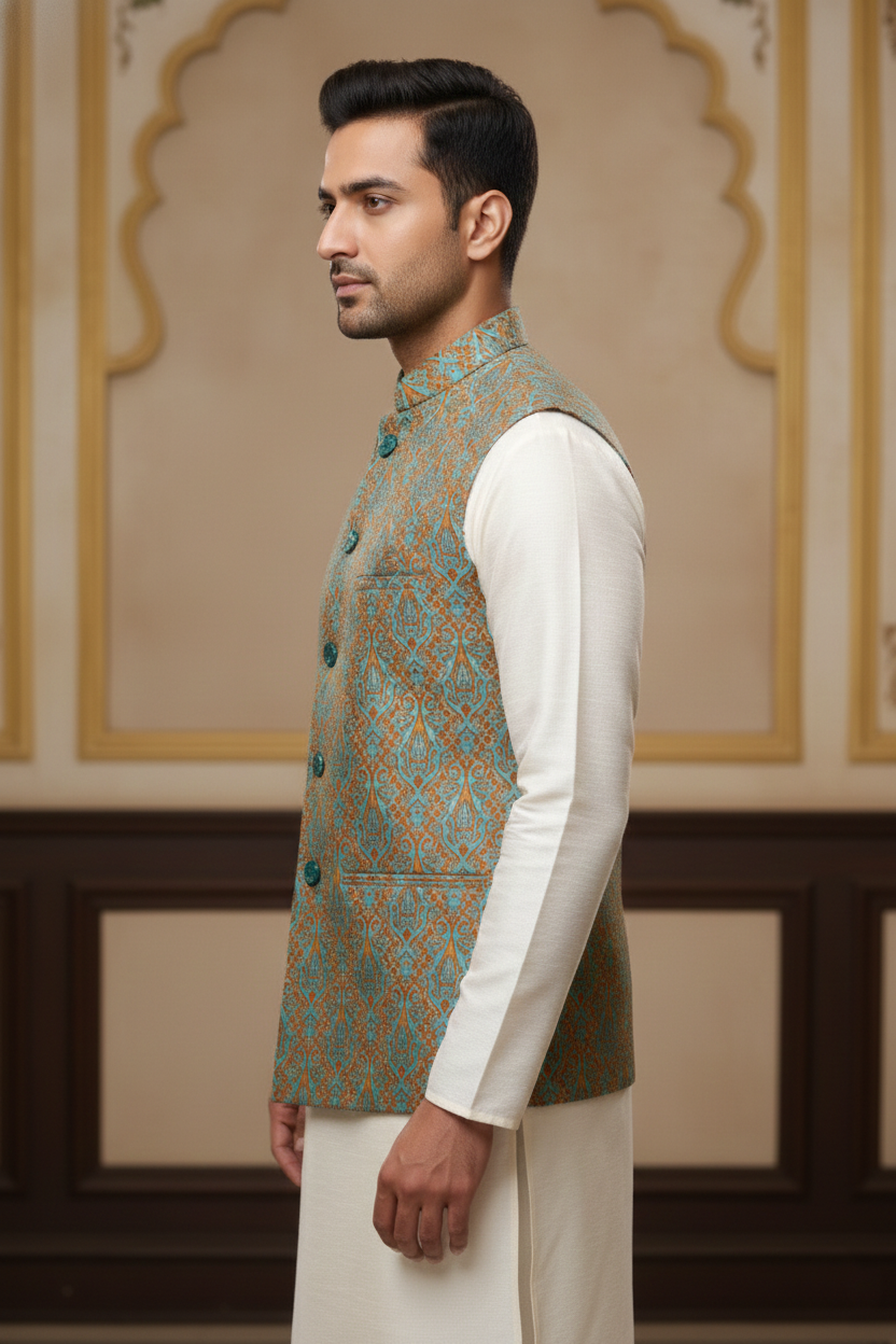 Men’s Teal Printed Nehru Jacket with Ivory Kurta
