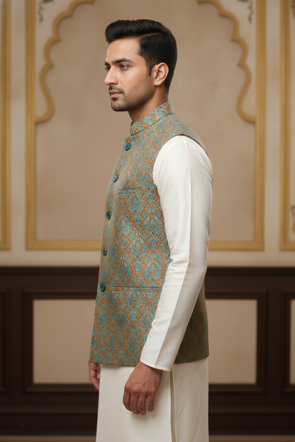 Men’s Teal Printed Nehru Jacket with Ivory Kurta