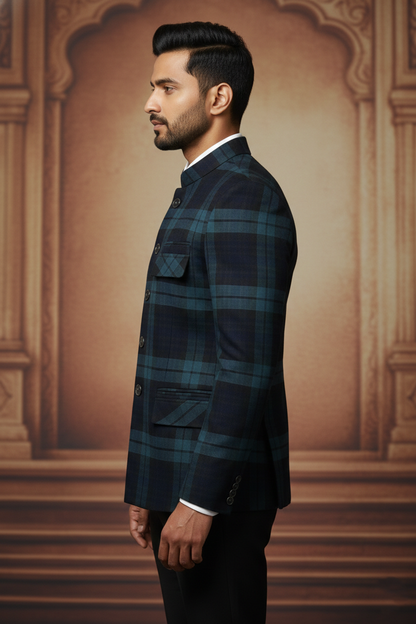 Dark Blue & Green Plaid Double-Breasted Blazer with Metallic Buttons