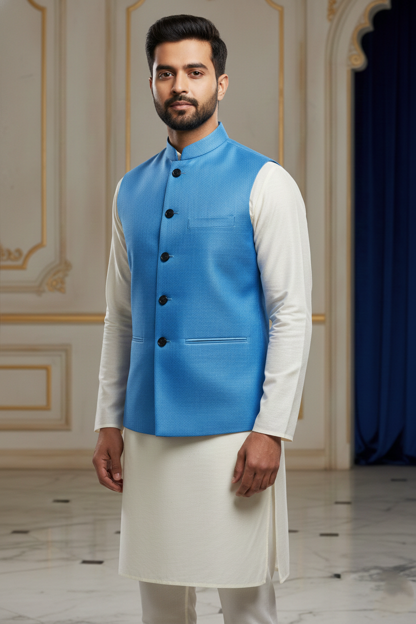 Men's Sky Blue Textured Nehru Jacket – Slim Fit Minimalist Ethnic Modi Waistcoat for Weddings & Festive Events