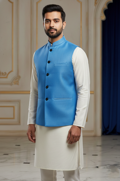 Men's Sky Blue Textured Nehru Jacket – Slim Fit Minimalist Ethnic Modi Waistcoat for Weddings & Festive Events
