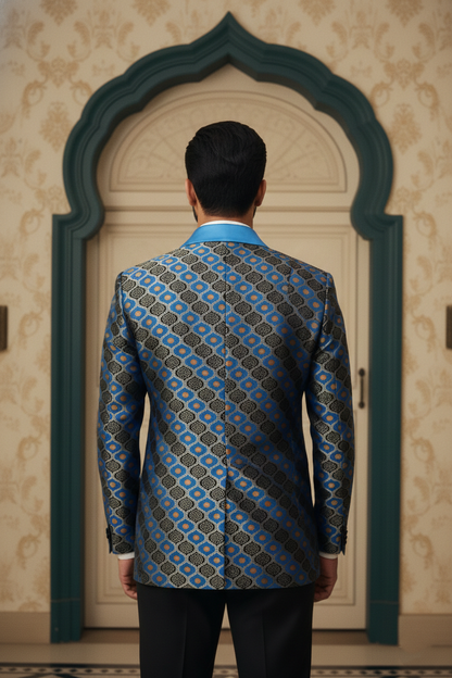 Men'sElectric Blue & Gold Geometric Banarasi Jacquard Tuxedo Blazer , Designer Evening Wear