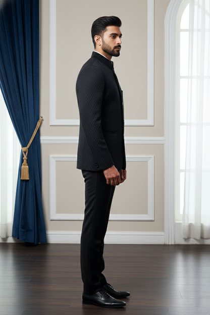 Men's Black Quilted Velvet Bandhgala Jodhpur  Jacket