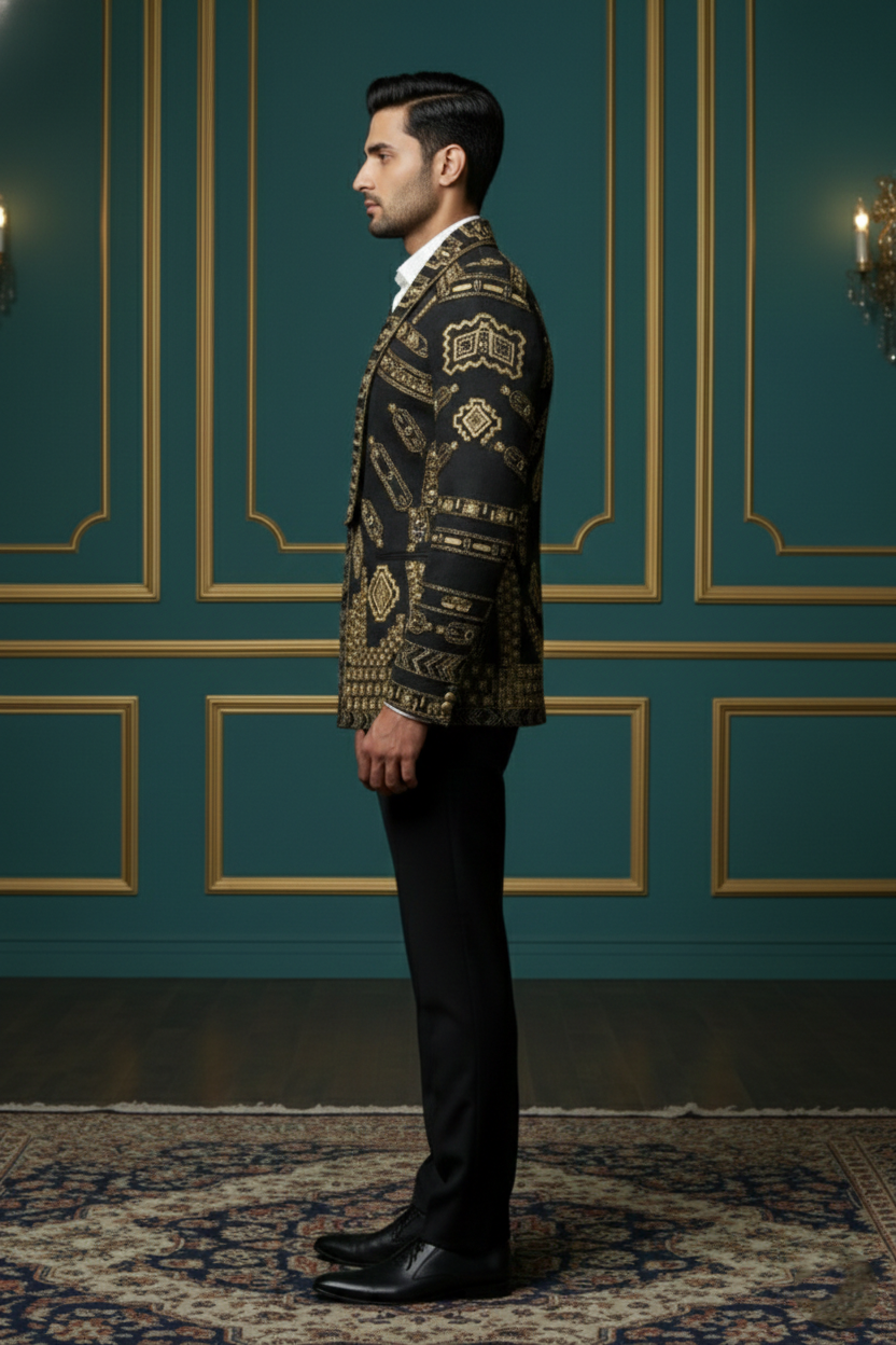 Men's Luxury Embroidered Blazer - Black and Gold Ethnic Party Wear Jacket - Designer Wedding Bandhgala for Groom & Groomsmen