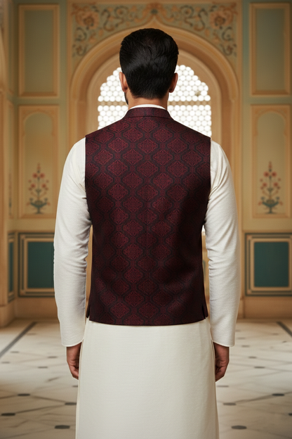 Men’s Dark Red Jacquard Silk Waistcoat with Notch Lapel | Slim Fit Festive Vest