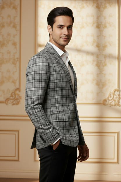 Men'sPremium Grey Glen Plaid Blazer , Slim-Fit Checked Formal Sport Coat for Business & Weddings
