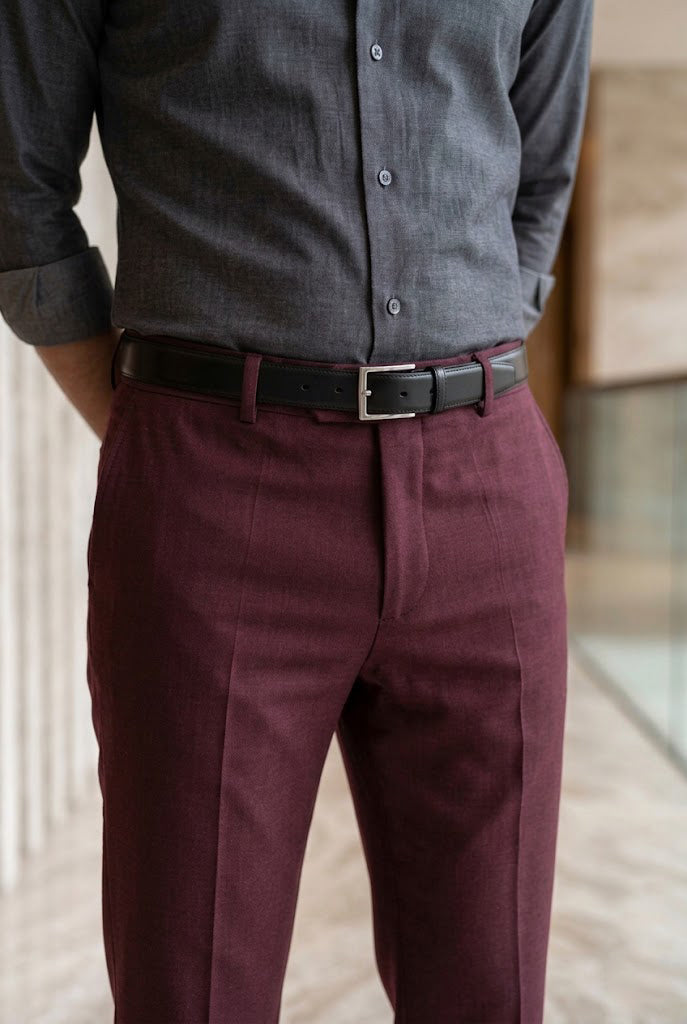 Men'sBurgundy Textured Tailored Slim-Fit Trousers