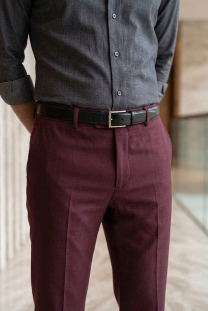 Men'sBurgundy Textured Tailored Slim-Fit Trousers