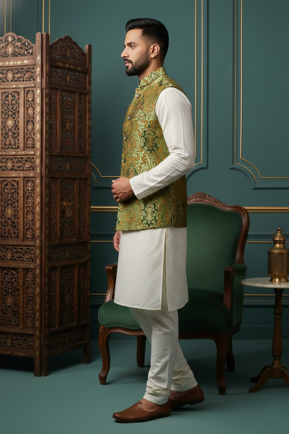 Men’s Green Printed Nehru Jacket with Ivory Kurta