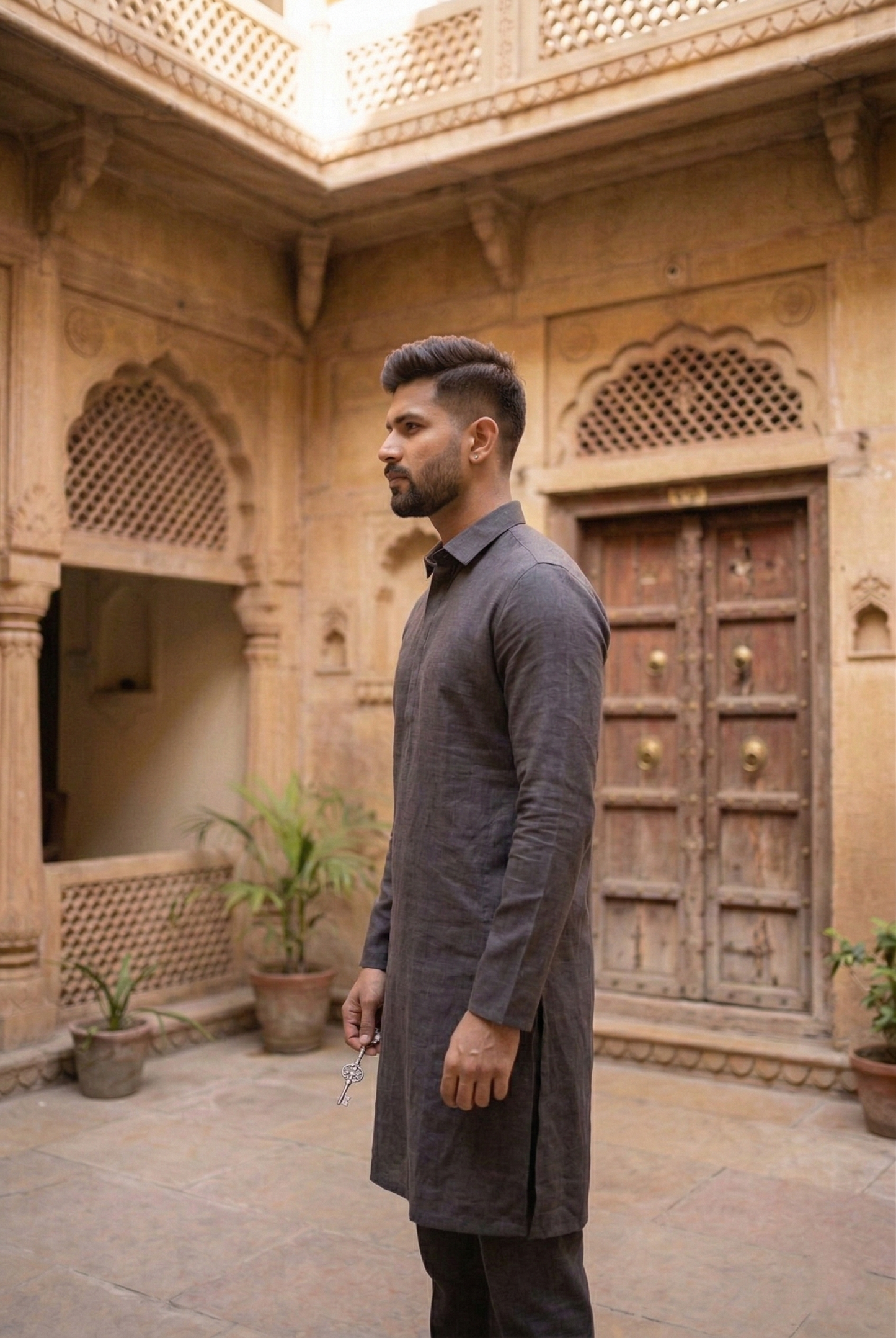 Men's Charcoal Grey Linen-Blend Plain Kurta Pajama Set
