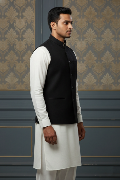Classic Black Nehru Jacket with Cream Kurta Set