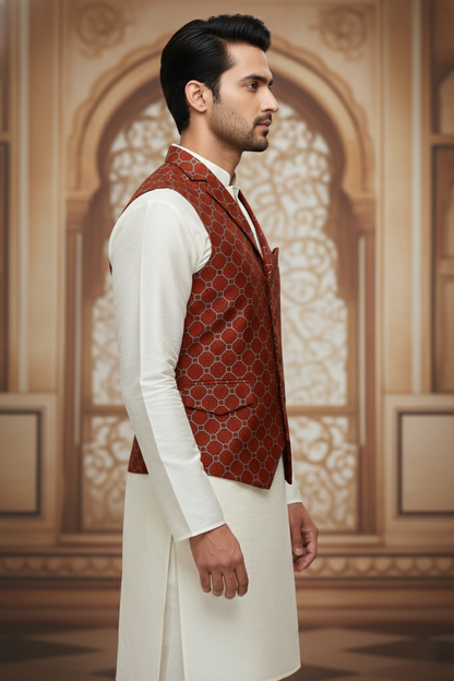 Men’s Red Designer Waistcoat | Sky Blue Line Work Slim Fit Festive Vest