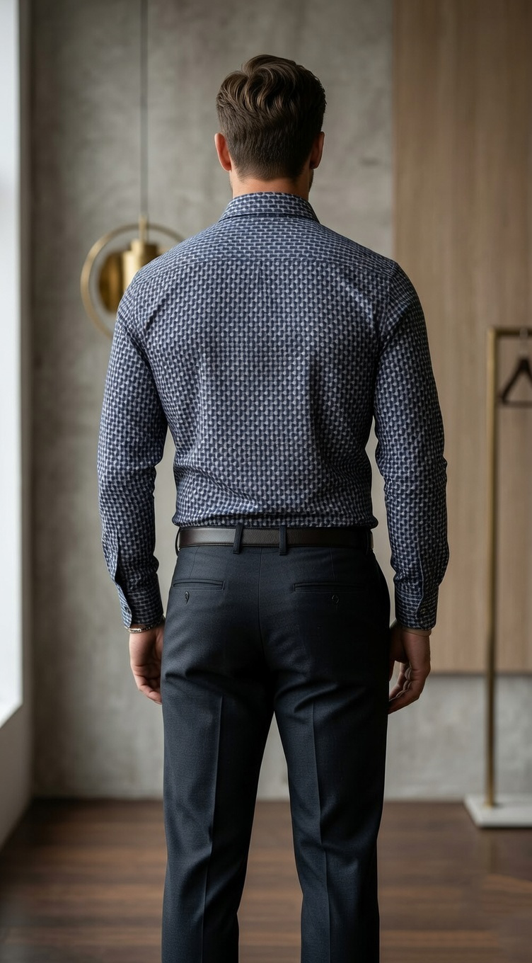 Designer Men'sSlim-Fit Micro-Hounds tooth Dress Shirt , Charcoal & Navy Geometric Print