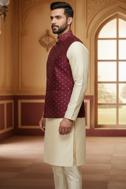 Men’s Maroon Dotted Nehru Jacket with Ivory Kurta  Pajama