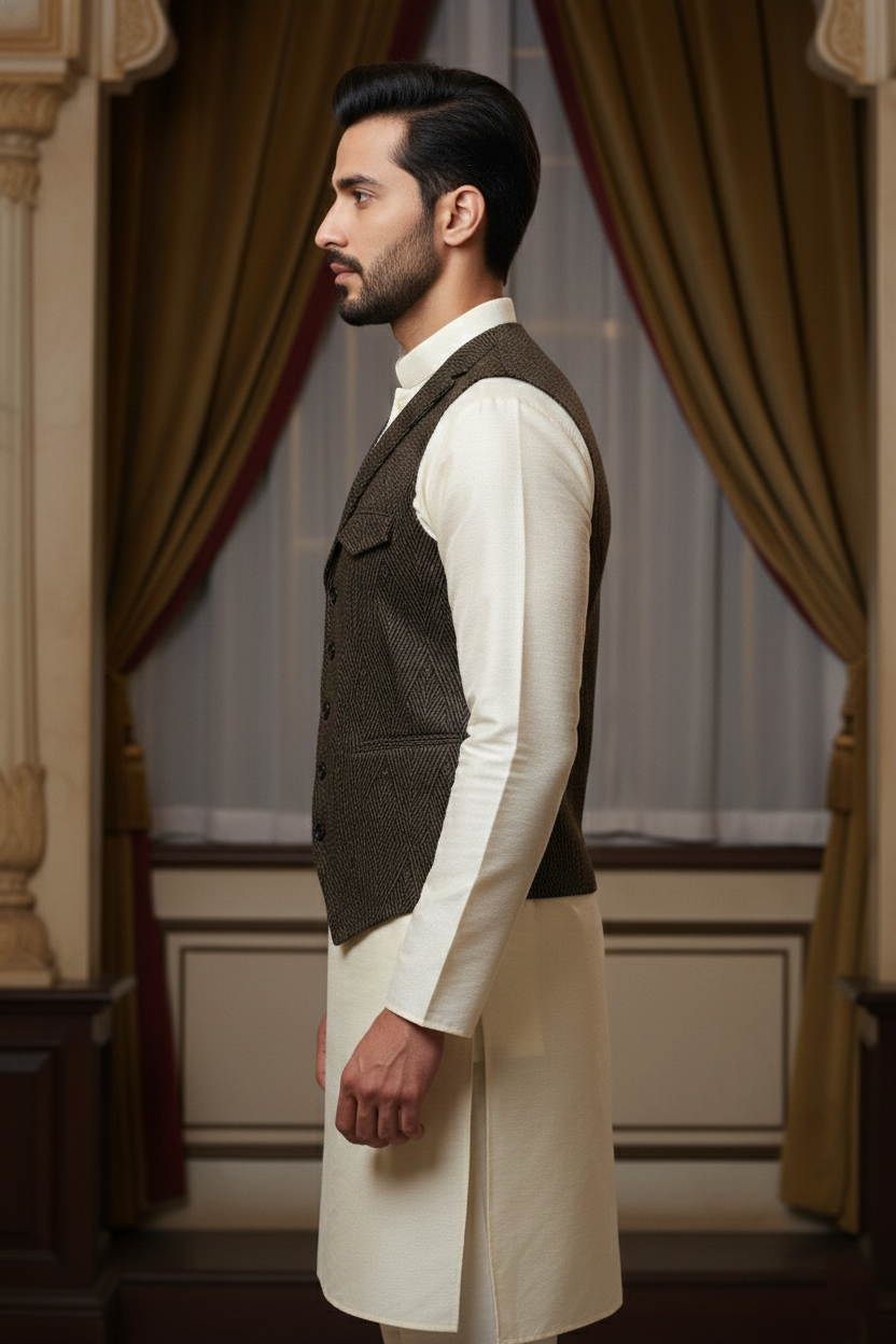 Men’s Textured Charcoal Nehru Jacket with Lapels