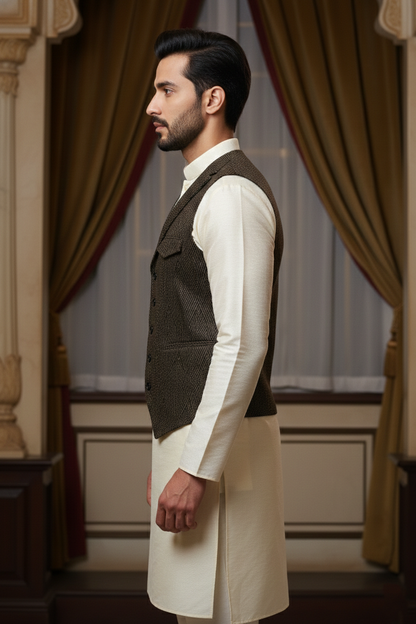 Men’s Textured Charcoal Nehru Jacket with Lapels