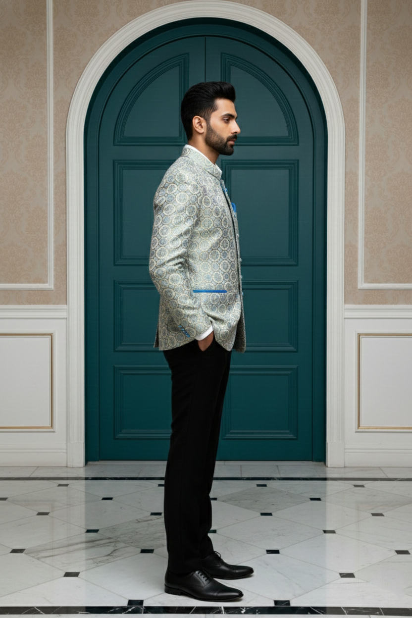 Men's Luxury Silver & Ice Blue Jacquard Bandhgala , Slim Fit Jodhpur Jacket with Mandarin Collar