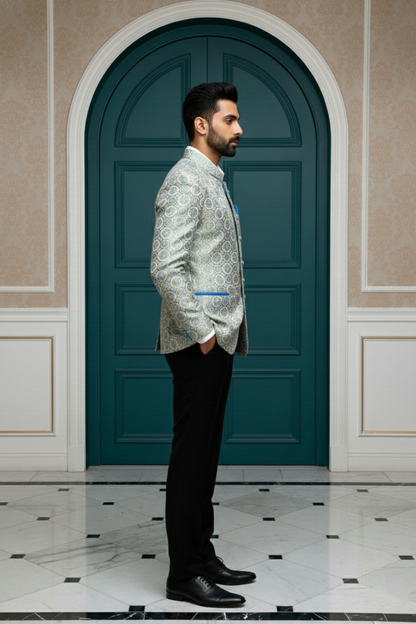 Men's Luxury Silver & Ice Blue Jacquard Bandhgala , Slim Fit Jodhpur Jacket with Mandarin Collar
