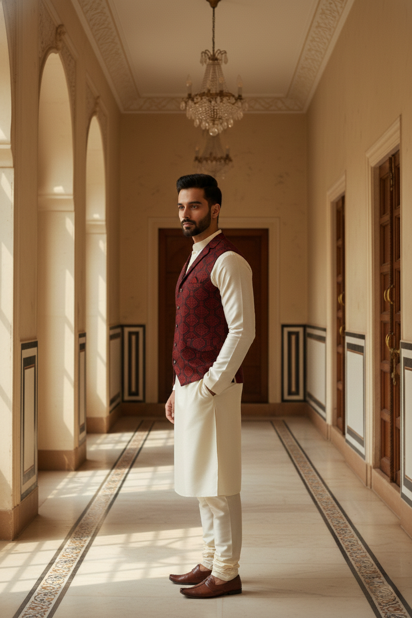 Men's Maroon & Black Jacquard Silk Waistcoat with Notch Lapel