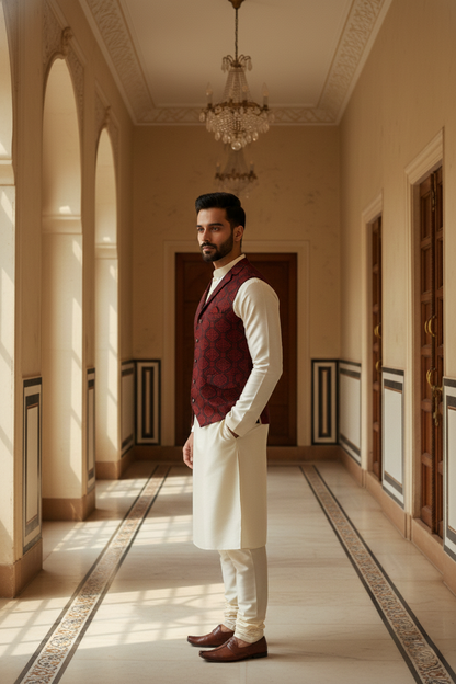 Men's Maroon & Black Jacquard Silk Waistcoat with Notch Lapel