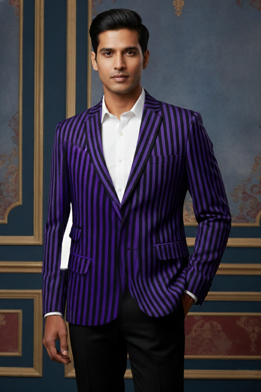 Men'sRoyal Purple and Black Vertical Striped Slim-Fit Blazer , Designer Party & Evening Wear Jacket