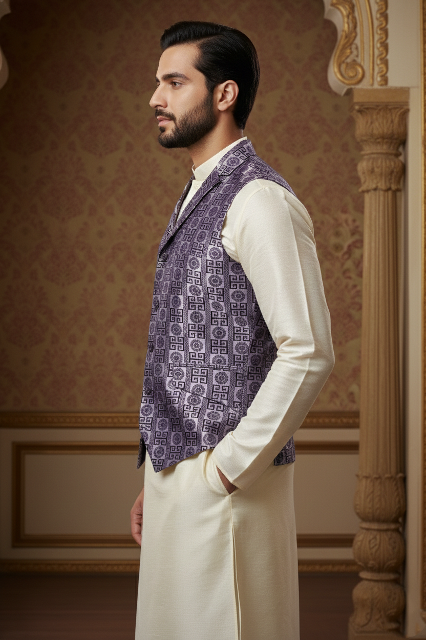 Men’s Lavender Designer Printed Waistcoat | Slim Fit Party & Festive Vest