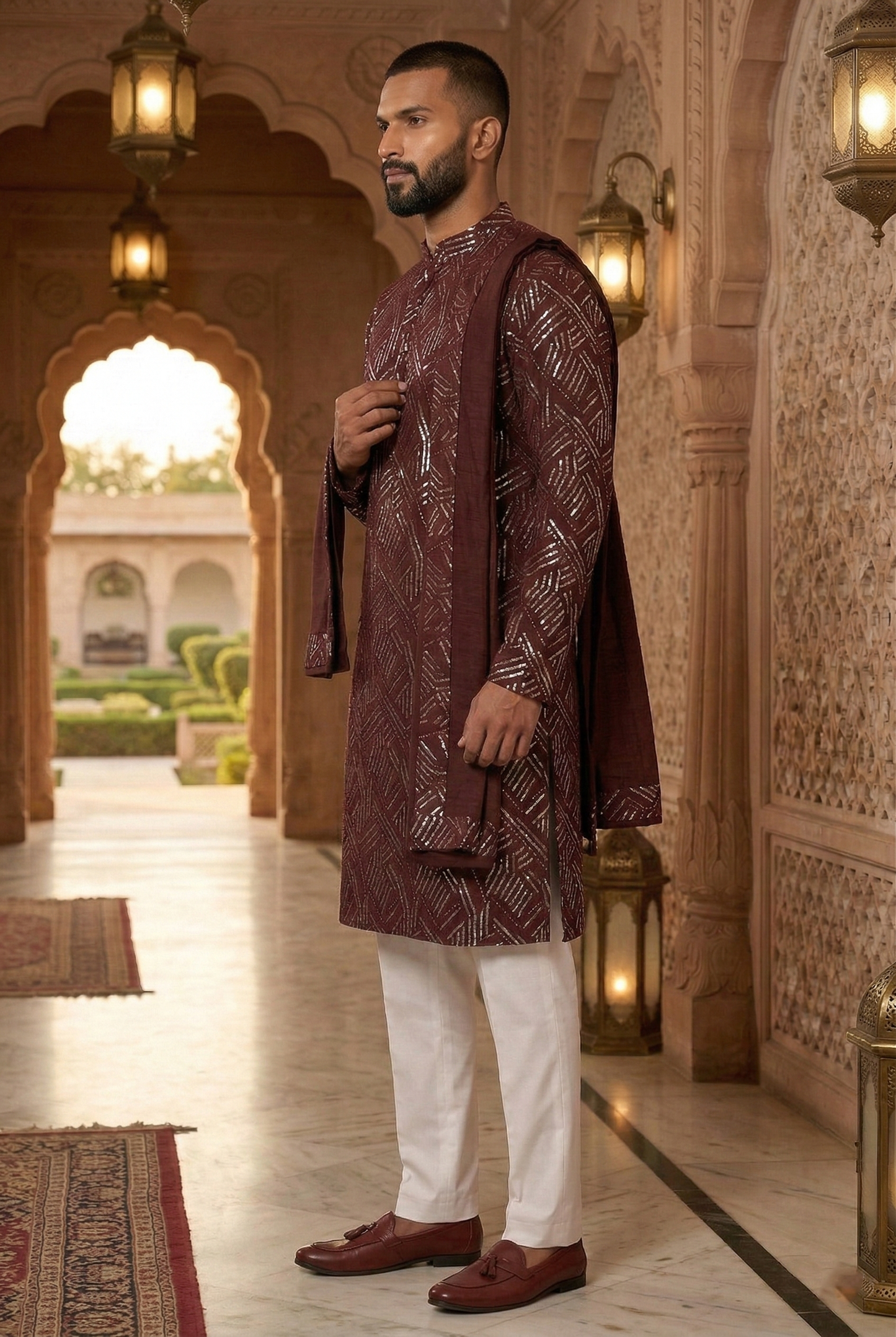 Wine Geometric Foil Print Partywear Kurta Pajama Set