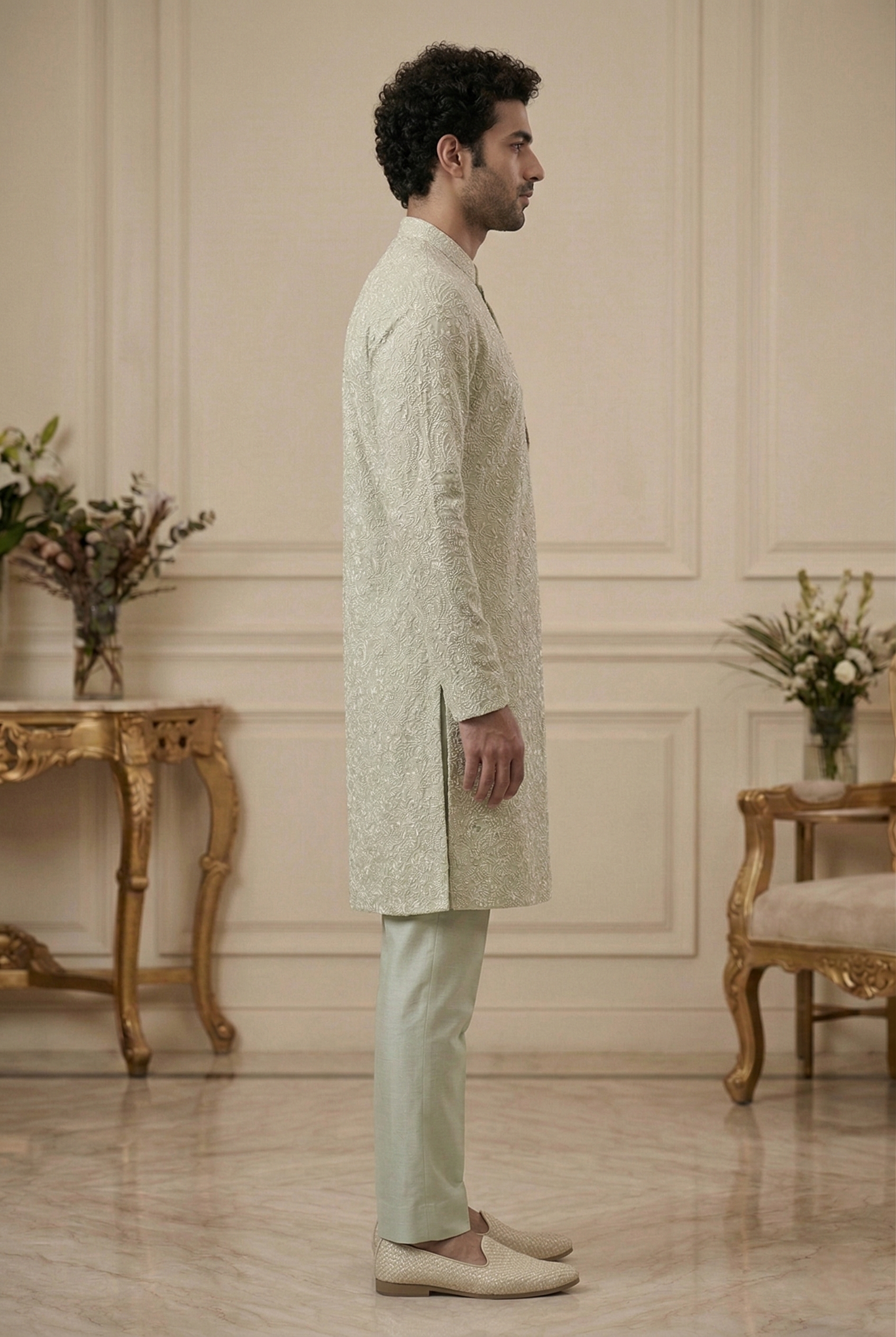 Men'sMint Green Embroidered Partywear Kurta Pajama