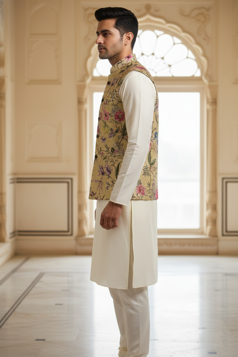 Men’s Pale Gold Floral Print Festive Nehru Jacket