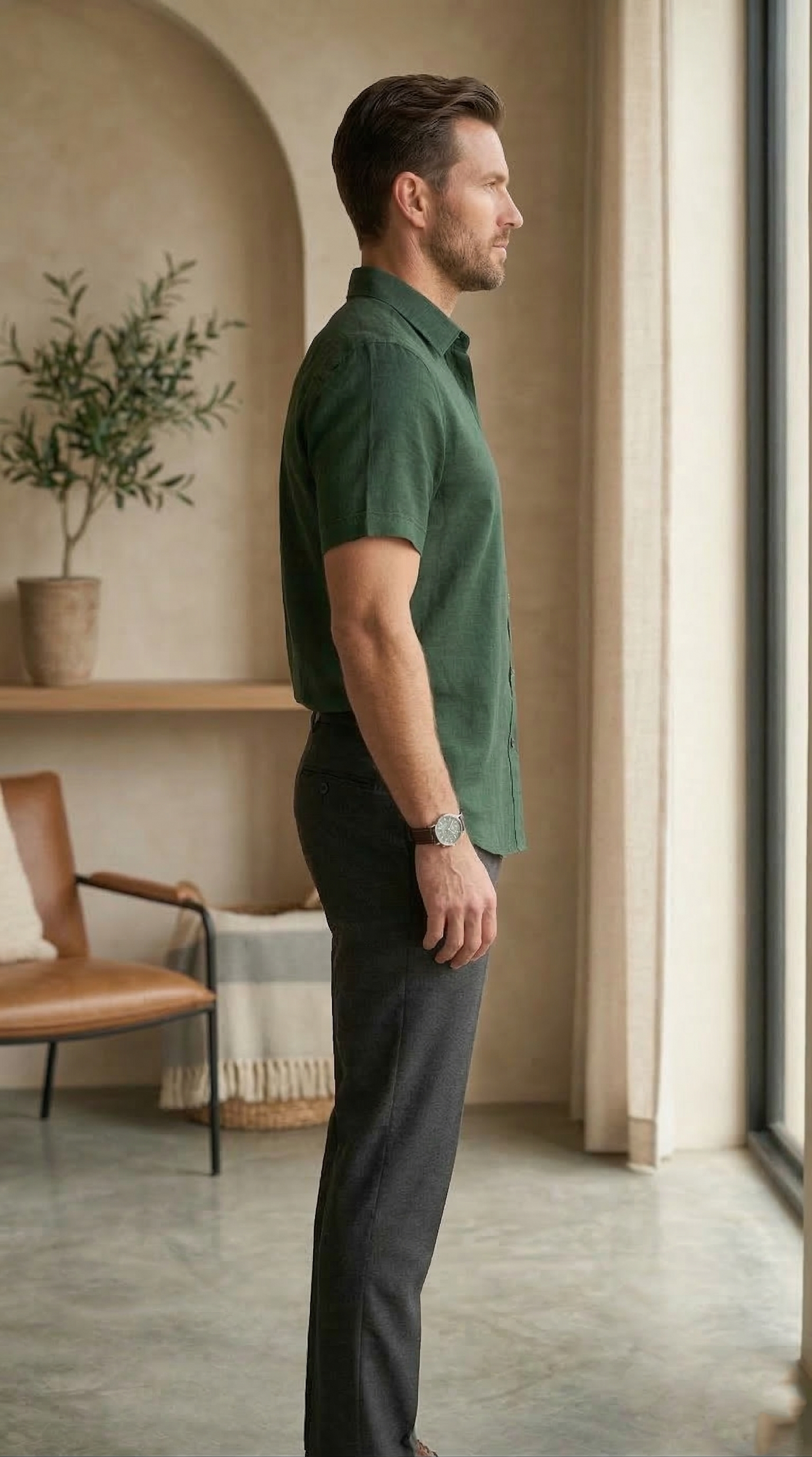 Men'sCasual Short-Sleeve Linen Shirt in Hunter Green