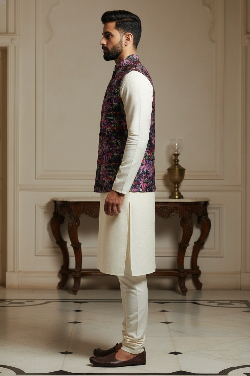 Midnight Bloom: Men’s Abstract Floral Nehru Jacket