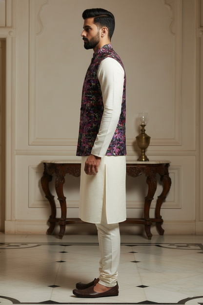 Midnight Bloom: Men’s Abstract Floral Nehru Jacket