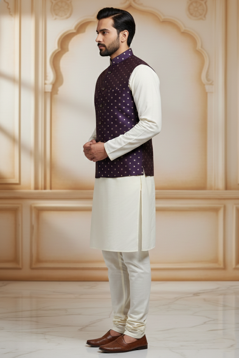Men’s Purple Dotted Nehru Jacket with Ivory Kurta