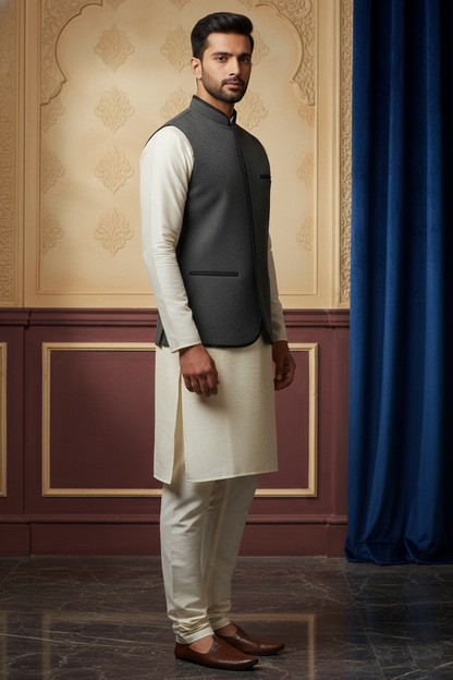 Men’s Charcoal Grey Nehru Jacket with Ivory Kurta Pajama