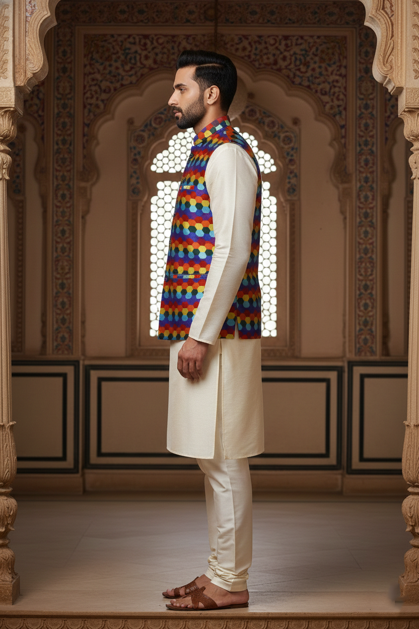 Men’s Multicolor Printed Nehru Jacket with Ivory Kurta