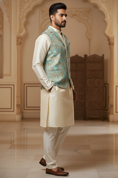 Men’s Light Blue Nehru Jacket with Embroidery Work | Ethnic Waistcoat for Wedding, Festive & Party Wear | Sleeveless Modi Jacket