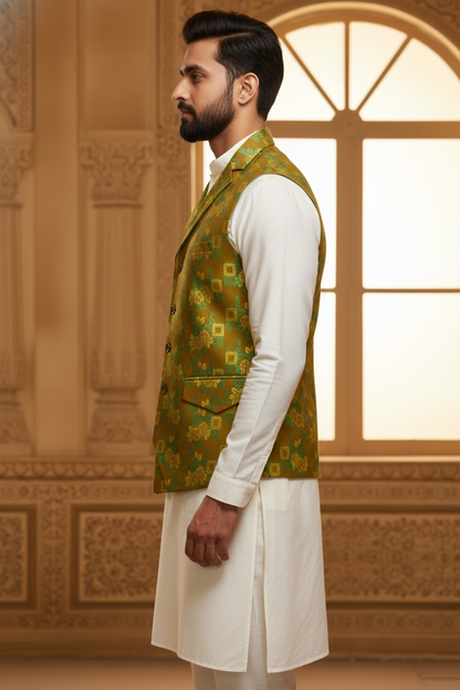 Men’s Brown Floral Designer Waistcoat | Yellow & Green Pattern Slim Fit Vest