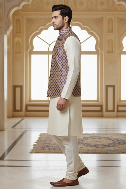 Men’s Purple Printed Nehru Jacket Kurta  Pajama