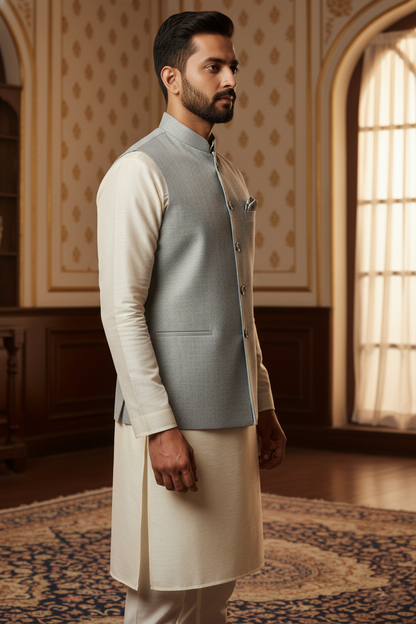 Light Grey Nehru Jacket with Pocket Square &  Cream Kurta Set