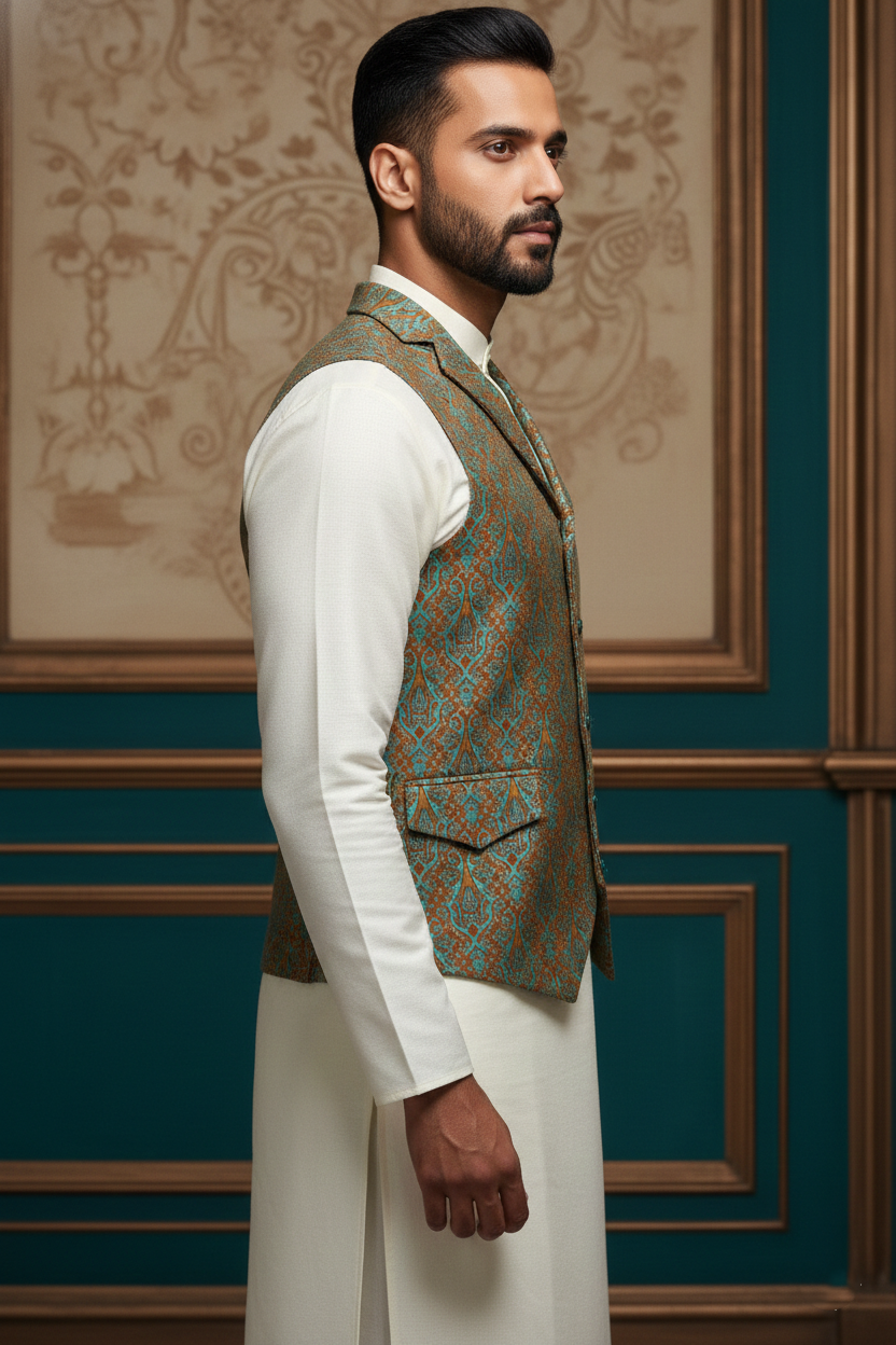 Men’s Royal Blue Nehru Jacket with Orange Thread Work | Ethnic Festive Waistcoat for Weddings &amp; Parties