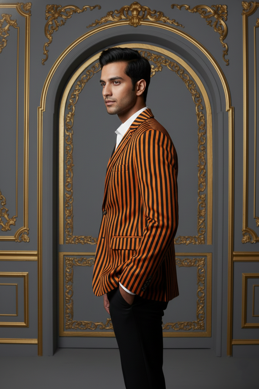 Orange & Black Striped Double-Breasted Blazer