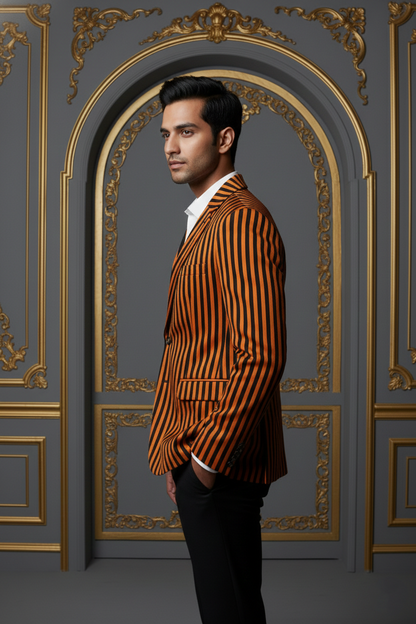 Orange & Black Striped Double-Breasted Blazer