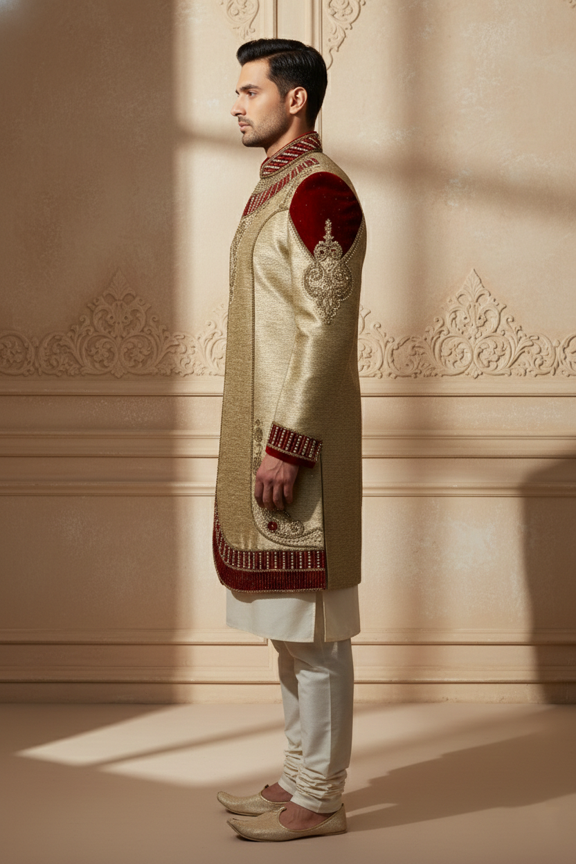 Gold Sherwani with Red Embellishments
